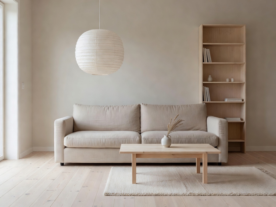 Calm Nordic living room with soft beige linen sofa, paper pendant lamp, and light pine flooring