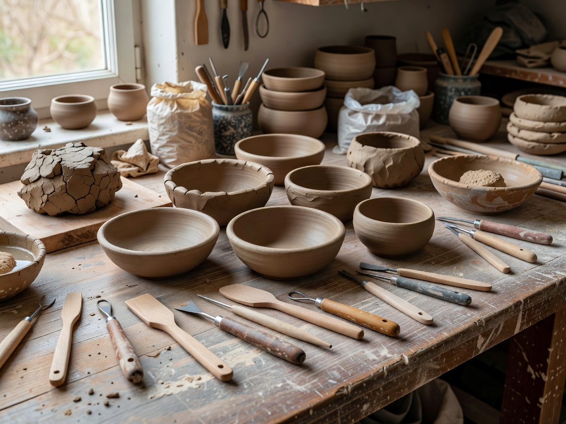 Ceramicist studio workbench with freshly shaped earthenware bowls and wooden modeling tools