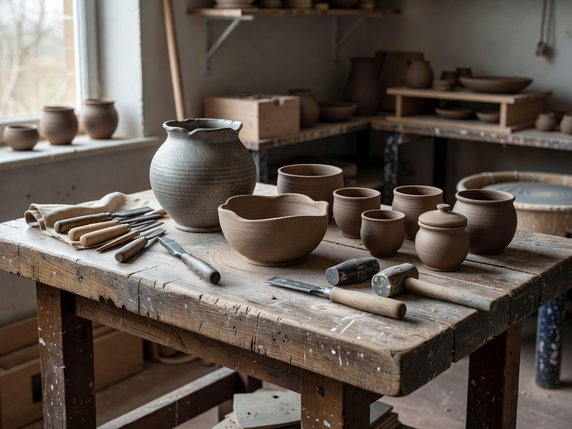 Ceramics and woodwork studio bench with hand-thrown stoneware pots and carving tools