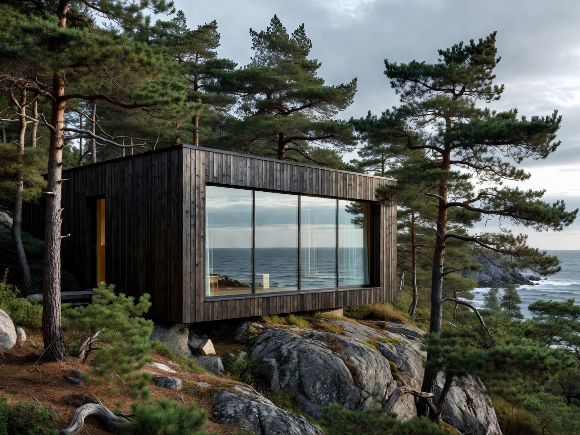 Contemporary Nordic timber residence tucked into a rocky pine forest with broad low-e windows facing the coastline