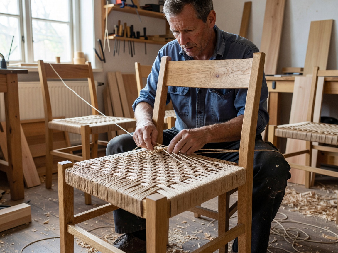 Craftsman hand-weaving Danish paper cord onto a solid beech chair frame