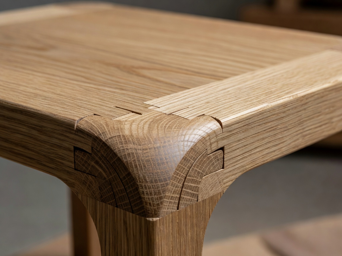 Detailed close up of steam bent oak furniture joint with visible finger joinery and soap finish