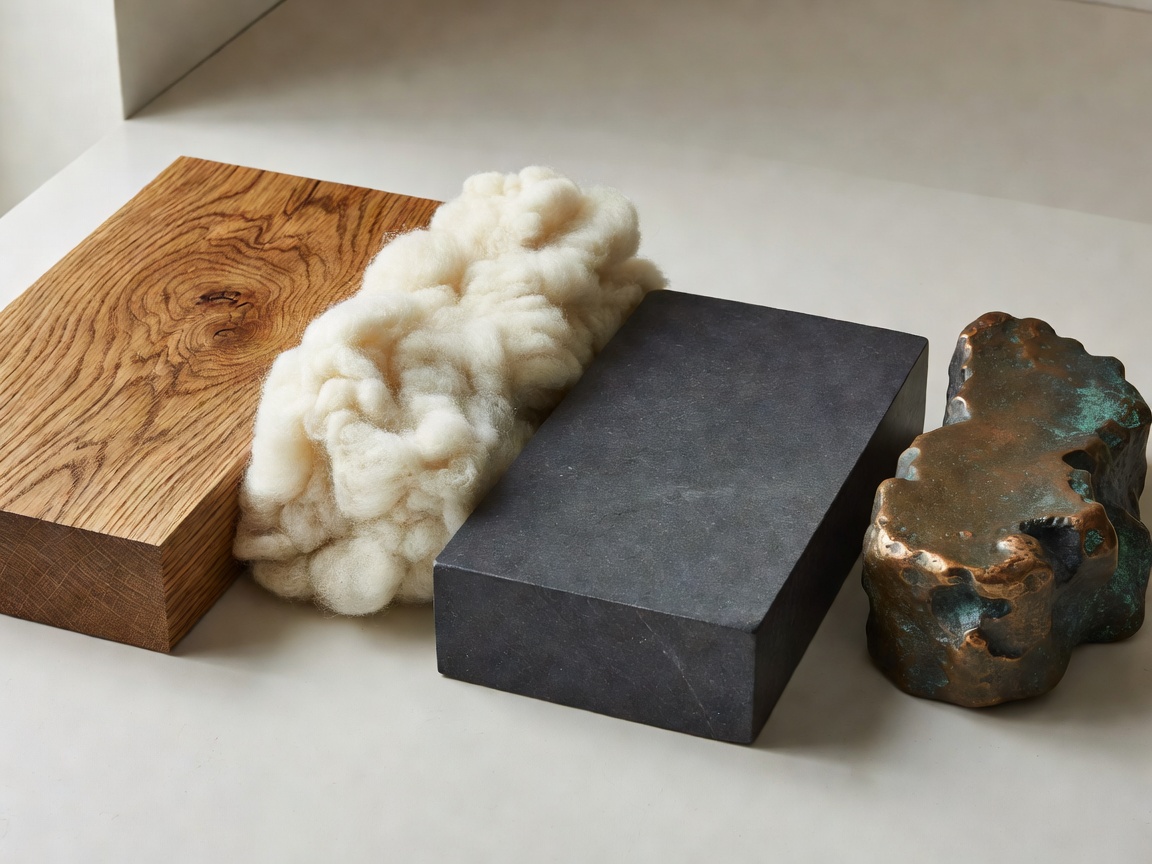 Display of architectural material swatches including oiled oak, raw wool, soapstone, and cast bronze