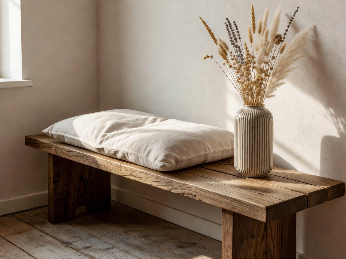 Intimate dining nook with wooden bench, pale linen seat pad, and ribbed ceramic vase
