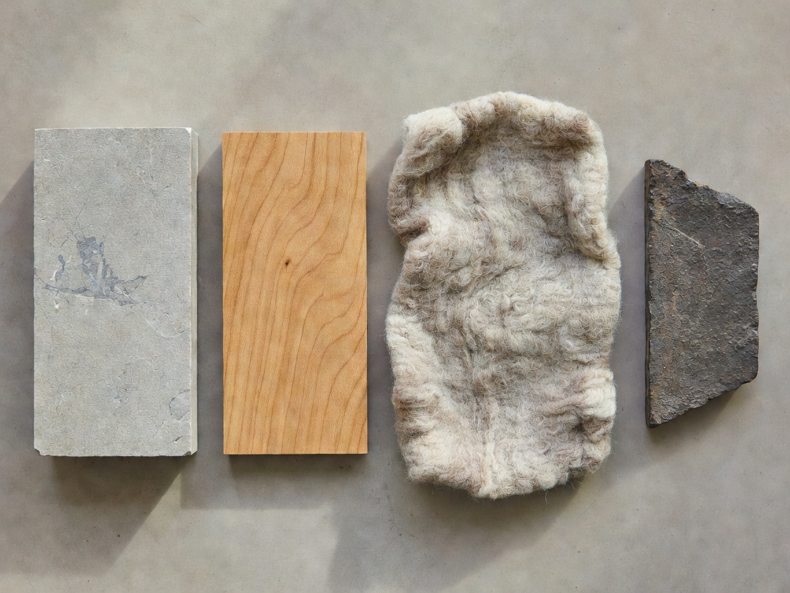 Material palette arrangement featuring raw soapstone, oiled birch veneer sample, spun wool, and sand-cast iron