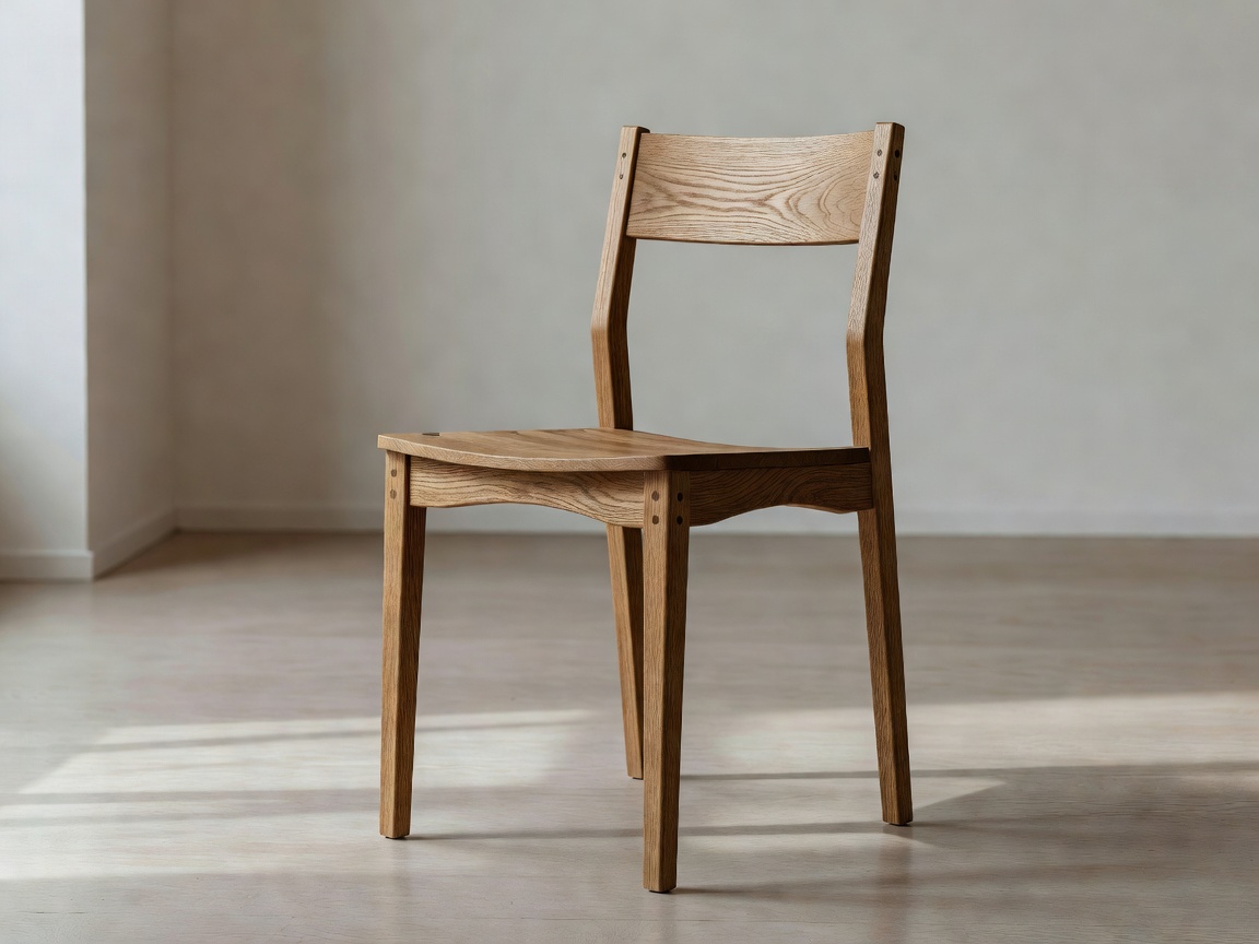 Minimalist wooden dining chair crafted with visible joinery and honest oak grain in gentle daylight