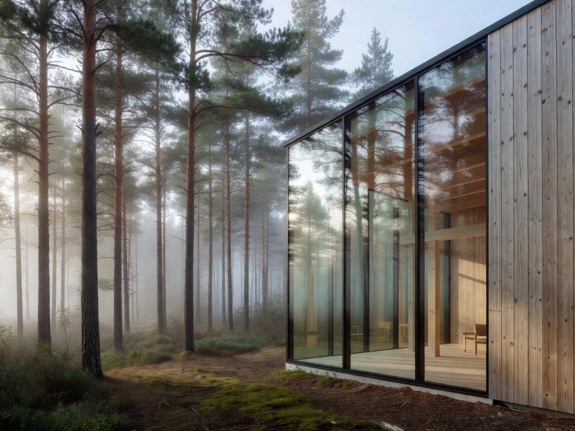 Modern Nordic timber building with floor to ceiling glass facade facing a misty pine forest