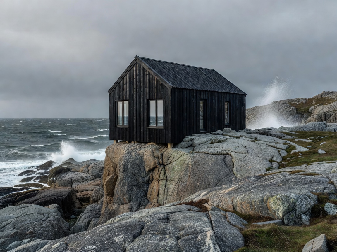 Nordic coastal home perched on weathered granite bedrock with blackened timber siding