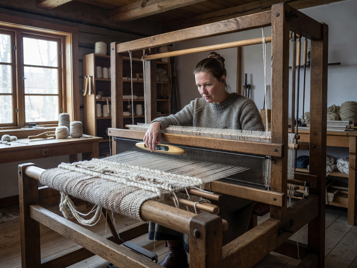 Nordic textile artisan working at a large wooden handloom weaving neutral wool tapestry