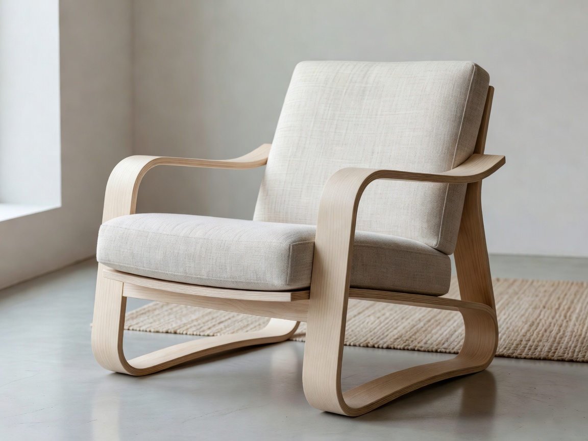 Sculptural Scandinavian armchair made of bent pale plywood and natural woven linen upholstery